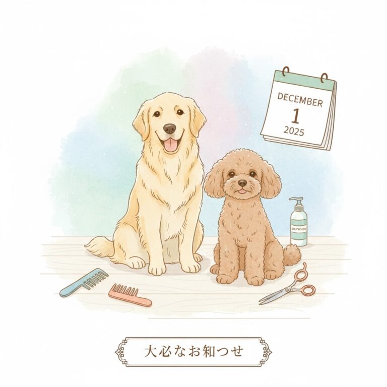 トリミング料金改定のお知らせ（ゴールデンレトリバーとトイプードルのイラスト）
